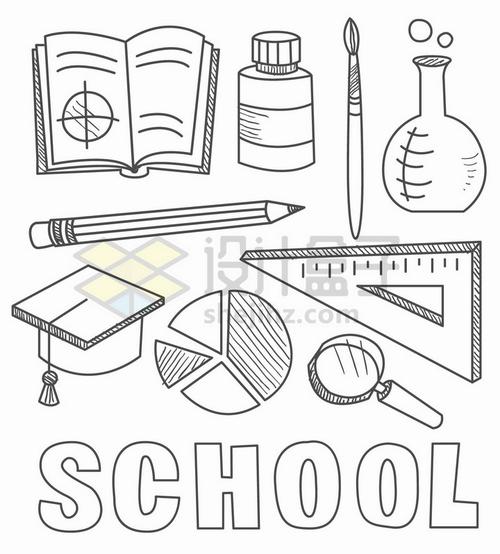 帽三角尺放大鏡等學習用品簡筆畫png圖片免摳矢量素材 教育文化-第1張